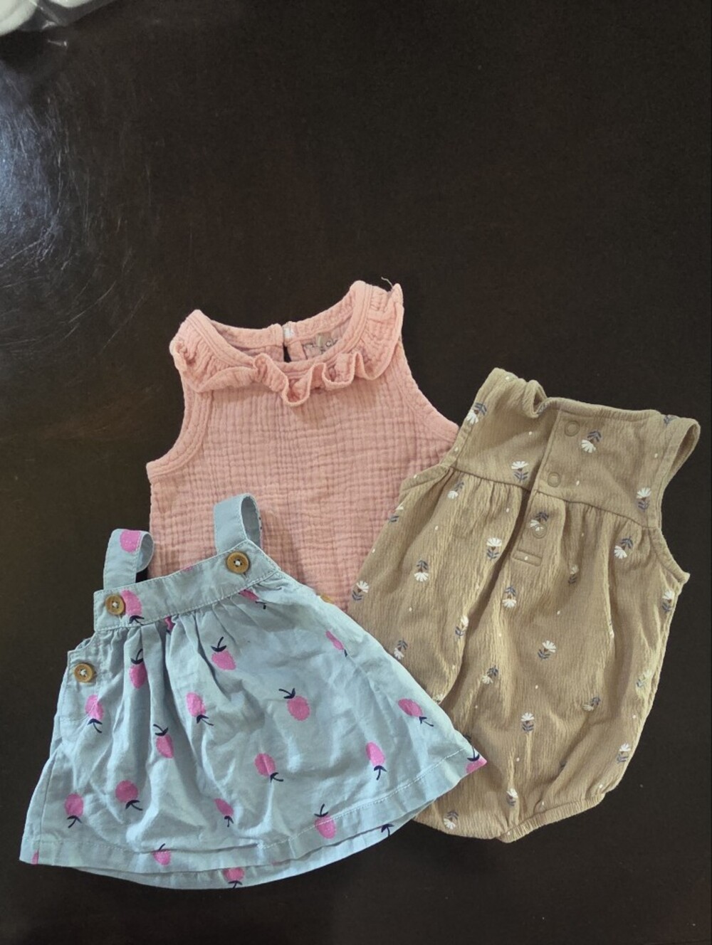 Toddler 3-Piece Outfit Set - Blue Floral Pinafore, Pink Ruffle Top, Brown Romper